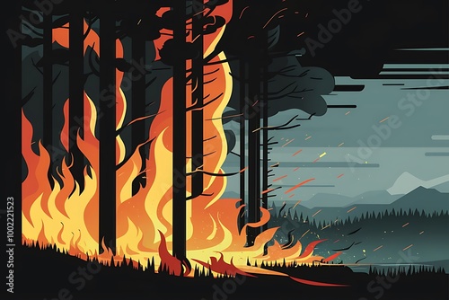 illustration of a forest fire burning trees at night. The scene is dramatic, with tall, dark trees engulfed in bright orange and yellow flames that contrast against the dark surroundings