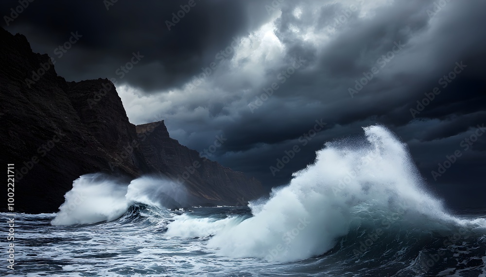 Obraz premium Waves pounding against jagged cliffs, sending sea spray high into the air under a stormy sky