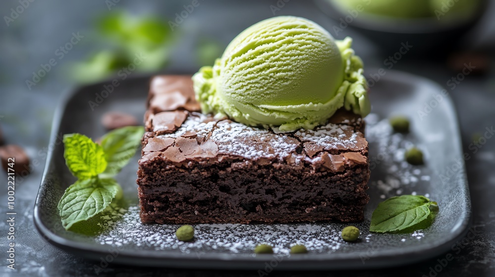 Matcha brownie served with ice cream Matcha brownie served with ice cream