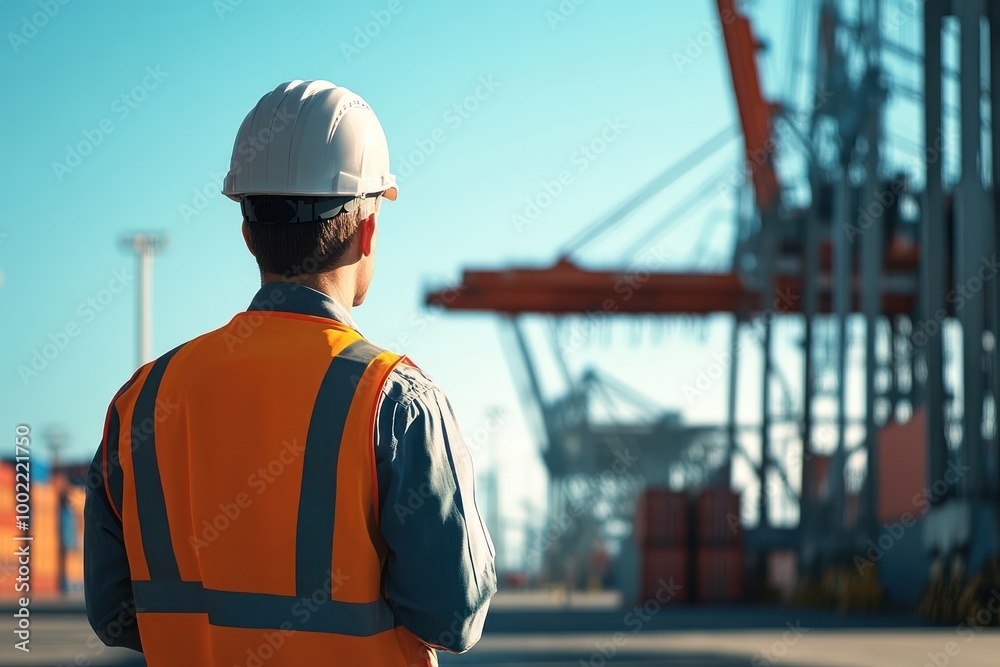A construction worker in a hard hat and safety vest stands in front of a busy port with cranes and cargo containers. A construction worker in a hard hat and safety vest stands in front of a busy port with cranes and cargo containers.