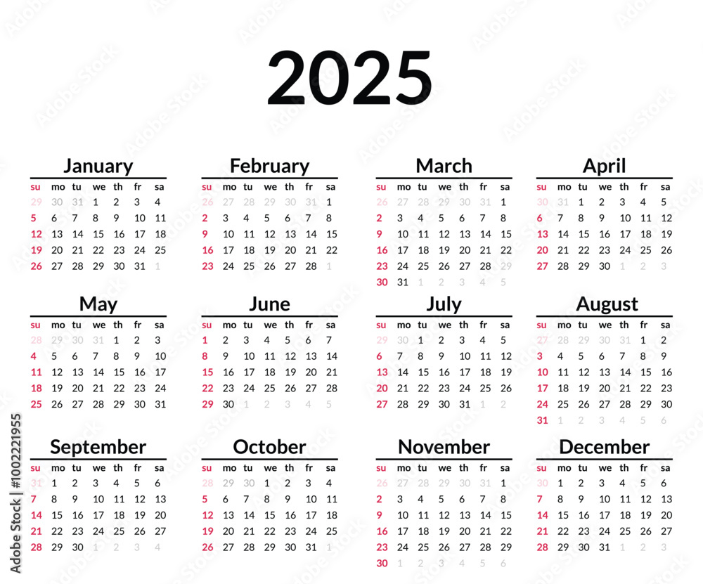 2025 calendar. Week starts on Sunday. Simple calendar layout. Yearly diary. Minimal stationery template with 12 months, in English. Pocket or wall formats