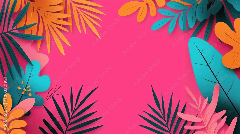Vibrant tropical leaves in various colors on a bright pink background, perfect for summer themes and nature-inspired designs. Vibrant tropical leaves in various colors on a bright pink background, perfect for summer themes and nature-inspired designs.