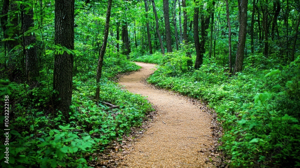 A nature trail winding through a forest, with lush green vegetation and a sense of tranquility. A nature trail winding through a forest, with lush green vegetation and a sense of tranquility.