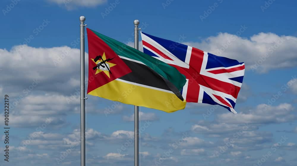 United Kingdom and Mozambique flags flying together, video concept of the relationship, two country cooperation concept United Kingdom and Mozambique flags flying together, video concept of the relationship, two country cooperation concept