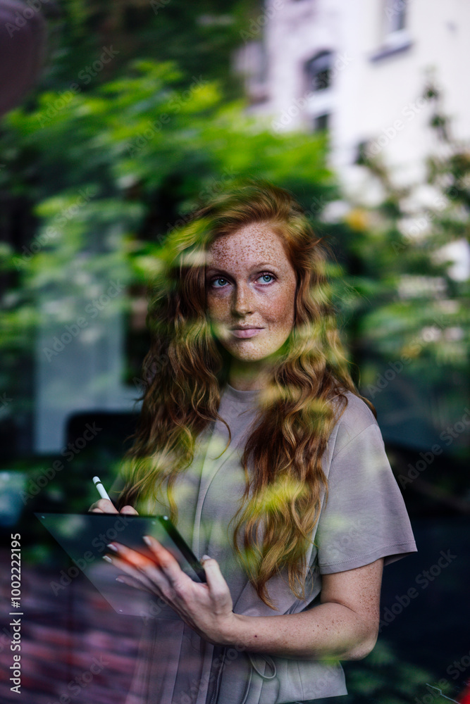 Freelancer with tablet PC behind glass window Freelancer with tablet PC behind glass window