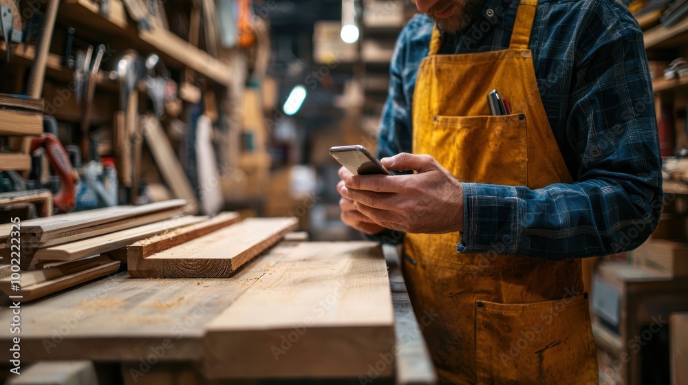 A person using a phone in a woodwork shop, accessing project guides or tools. A person using a phone in a woodwork shop, accessing project guides or tools.
