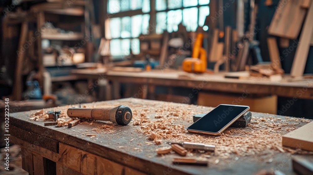 A phone resting on a woodworking bench, with woodwork tools and materials in the background.