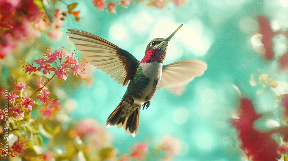 Fototapeta premium Hummingbird flying in front of blue sky with flower in the backdrop
