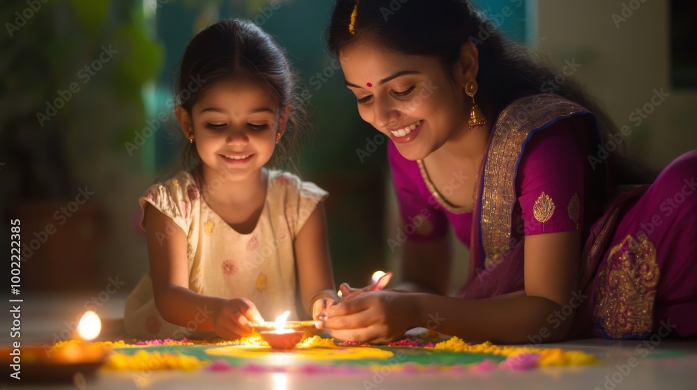Mother and Daughter Lighting Diyas on a Rangoli During Diwali Mother and Daughter Lighting Diyas on a Rangoli During Diwali