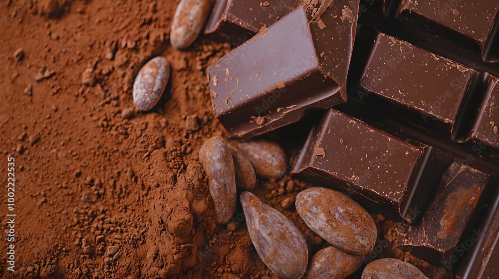 Organic cacao beans and chocolate blocks dusted with cocoa, representing the rich, earthy process of transforming cacao into fine chocolate