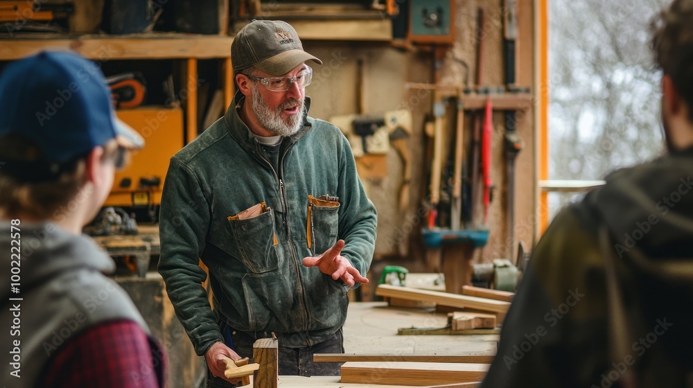 A man teaching a woodworking class, demonstrating techniques to students in a workshop. A man teaching a woodworking class, demonstrating techniques to students in a workshop.