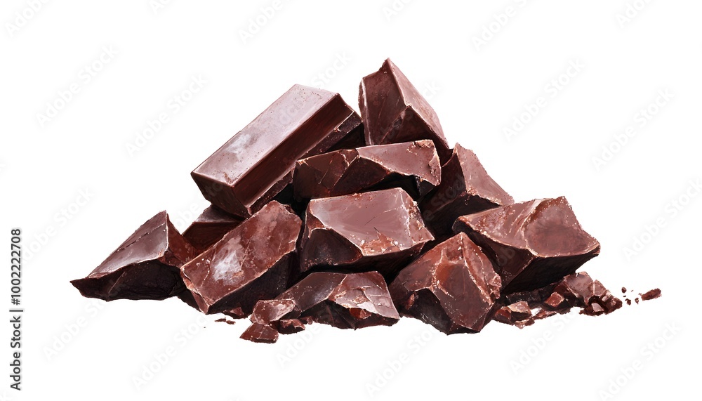 Fototapeta premium Pile of chocolate blocks with jagged edges, raw and textured surface, hyper-realistic, isolated on white background