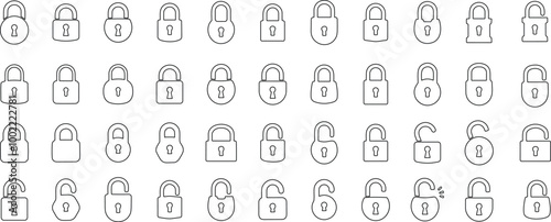 Set of Silhouette of locked and unlocked padlock. Line design. close and open lock collection. Security symbol. Privacy symbol vector stock illustration.