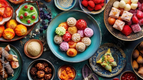 Luxurious bowls and plates filled with festival sweets from different cultures, creating a colorful and festive scene.