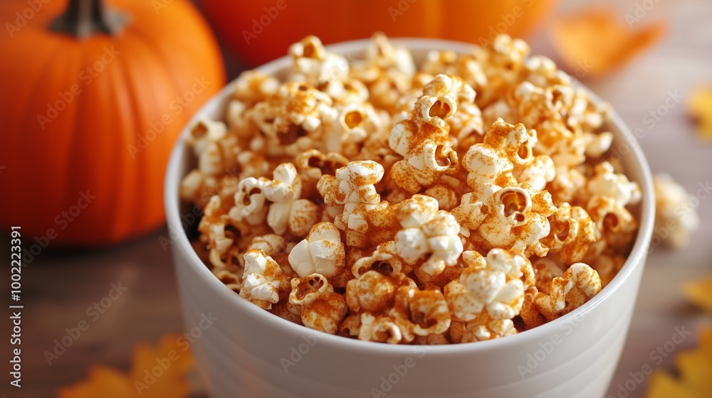 Delicious caramel popcorn served in a white bowl with autumn pumpkins in the background on a cozy fall day Delicious caramel popcorn served in a white bowl with autumn pumpkins in the background on a cozy fall day