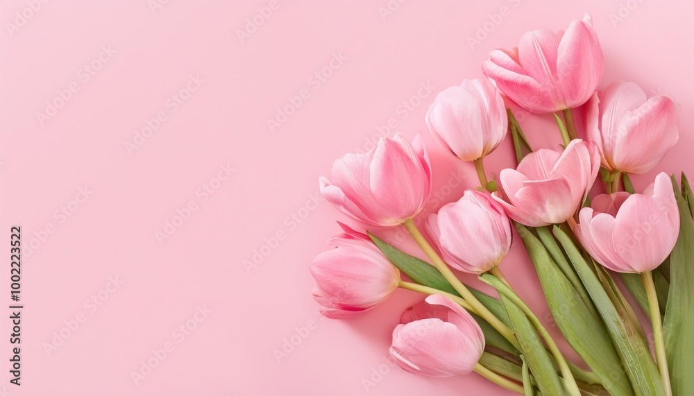 Beautiful composition spring flowers. Bouquet of pink tulips flowers on pastel pink background Beautiful composition spring flowers. Bouquet of pink tulips flowers on pastel pink background