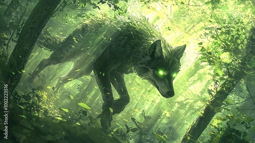   A lone wolf, with radiant eyes, stands amidst a dense forest full of towering trees and vibrant flora photo