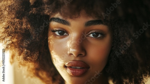 Close-up Portrait of a Woman with Afro Hair and Makeup