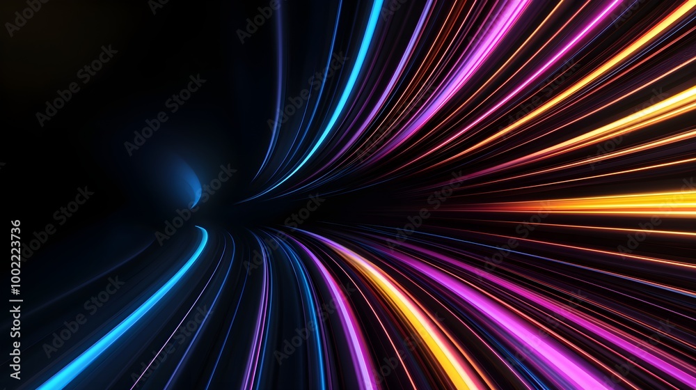 Radiant neon lines stretching through a geometric space, creating a sense of high-speed motion and vibrant energy in a digital landscape Radiant neon lines stretching through a geometric space, creating a sense of high-speed motion and vibrant energy in a digital landscape