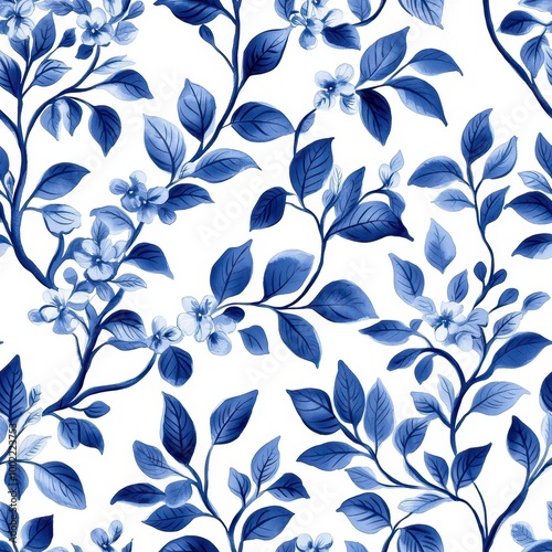 A floral pattern featuring intricate blue leaves and blossoms against a white background, creating a fresh and elegant design.