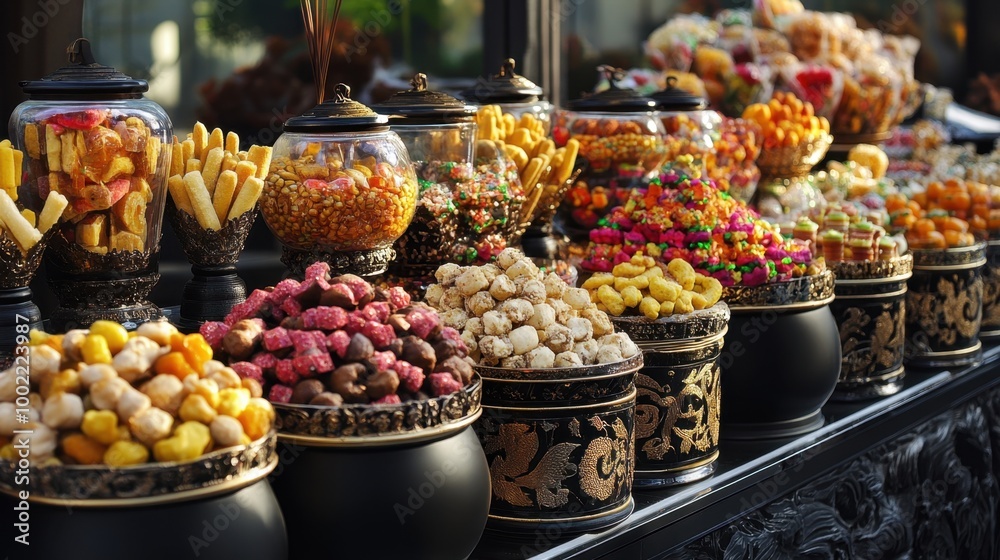 Obraz premium Luxurious containers filled with festival sweets from different countries, creating a rich and festive display.