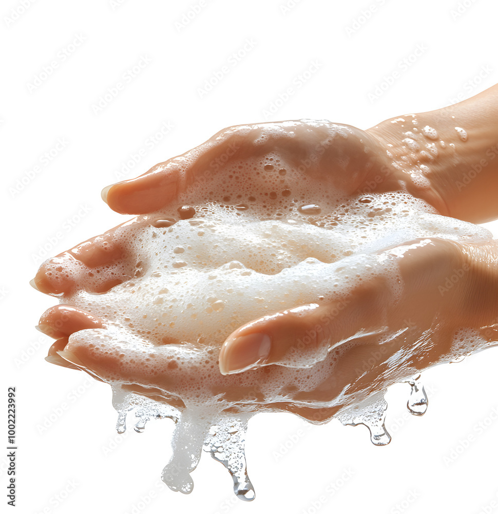 Fototapeta premium Hands Washing with Soap and Bubbles Isolated on Transparent Background, Hygiene and Cleanliness Concept