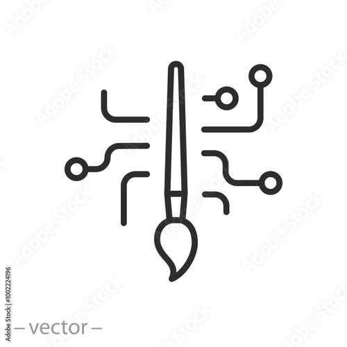 artificial intelligence draws icon, ai graphic editor with brush painting, ai software for drawing, thin line symbol on white background - editable stroke vector illustration
