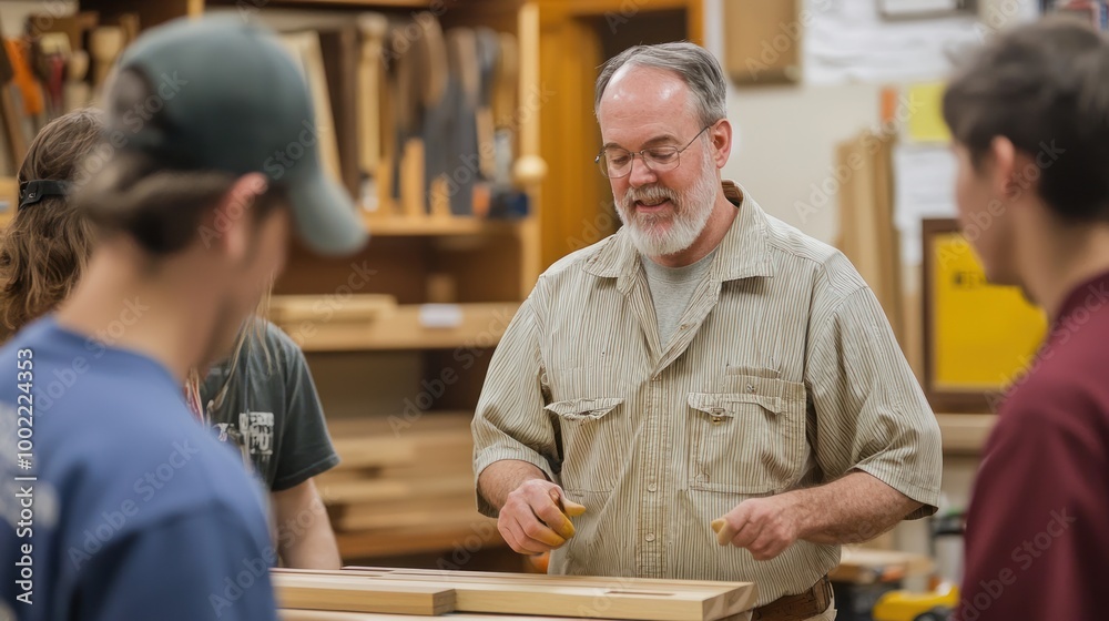 A woodworking instructor demonstrating techniques in a workshop setting, with students observing. A woodworking instructor demonstrating techniques in a workshop setting, with students observing.