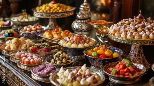 Luxurious presentation of festival sweets from around the world, displayed in beautiful, ornate dishes.