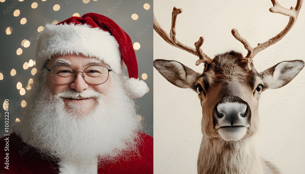 Santa and reindeer headshots side by side, both smiling, framed by snowy background and twinkling lights, evoking holiday cheer Santa and reindeer headshots side by side, both smiling, framed by snowy background and twinkling lights, evoking holiday cheer
