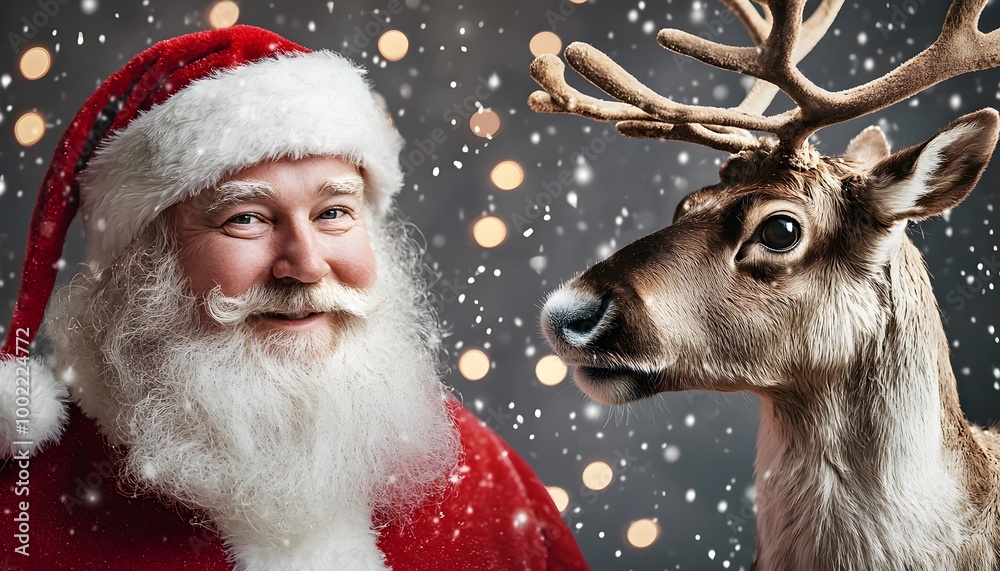 Santa and reindeer headshots side by side, both smiling, framed by snowy background and twinkling lights, evoking holiday cheer Santa and reindeer headshots side by side, both smiling, framed by snowy background and twinkling lights, evoking holiday cheer