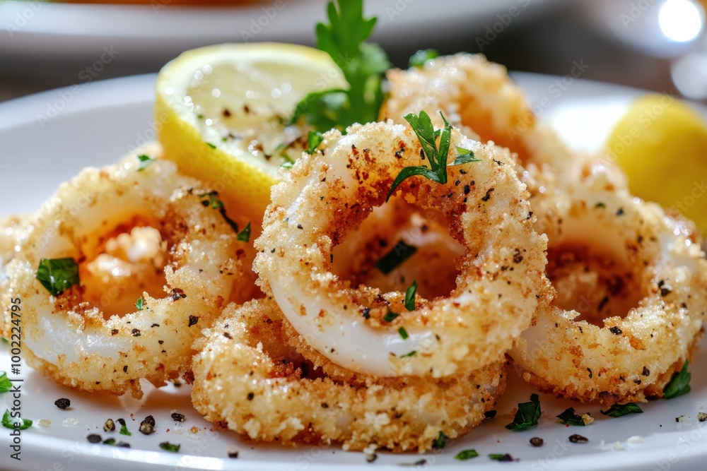 Fried Squid Rings on Crispy Lemon-Flavored Bread. Delicious Seafood Dish Fried Squid Rings on Crispy Lemon-Flavored Bread. Delicious Seafood Dish