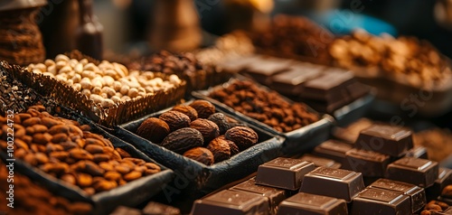 Rustic display of cacao beans and chocolate bars, showcasing the natural ingredients and earthy textures behind the art of chocolate production