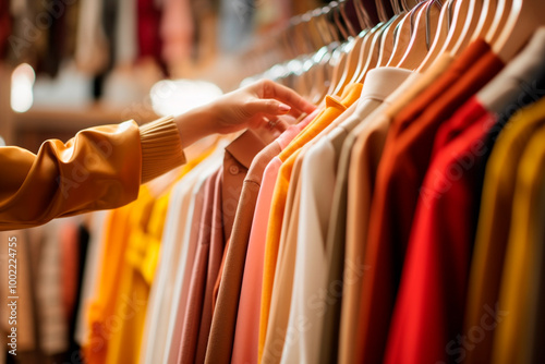 Women shopping for colorful clothes on sale with various styles and discounts at a retail store photo