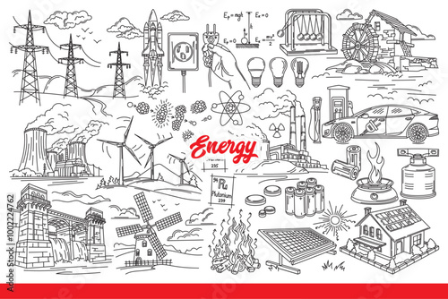 Energy industry with equipment for producing environmentally friendly electricity or gas. Energy equipment for producing electricity from renewable sources or minerals and water. Hand drawn
