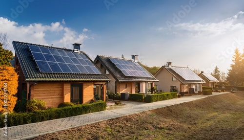 Beautiful houses with solar panels on the roof 