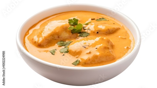 Spiced dumplings in a bowl of kadhi, creamy yellow curry, garnished with herbs, served with rice and naan, traditional Indian meal, warm and inviting food presentation