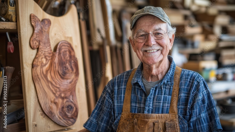 A senior woodworker proudly displaying a completed project, such as furniture or carvings. A senior woodworker proudly displaying a completed project, such as furniture or carvings.