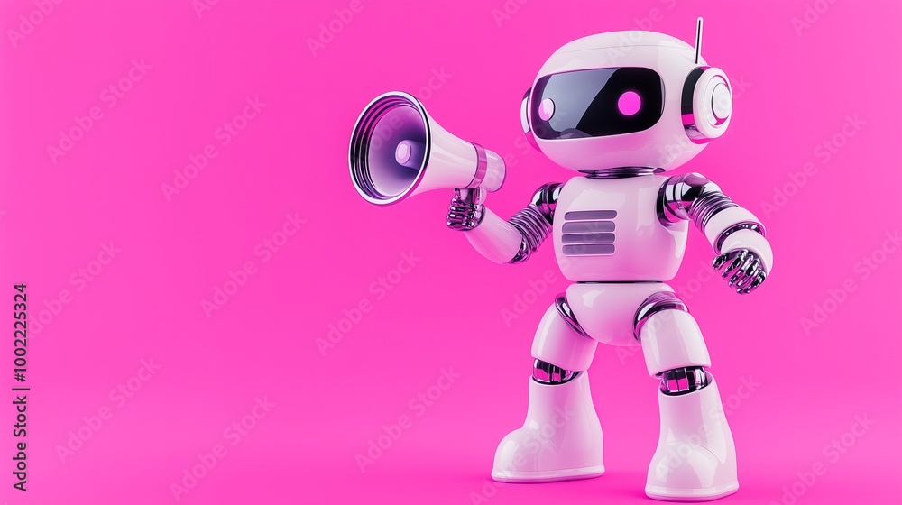 cute modern sleek AI robot holding a megaphone on a purple solid color background with copy space, neon lighting, cyber monday cute modern sleek AI robot holding a megaphone on a purple solid color background with copy space, neon lighting, cyber monday