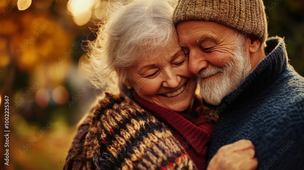 Elderly couple embracing and smiling in an autumnal setting.