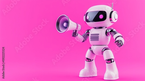 cute modern sleek AI robot holding a megaphone on a purple solid color background with copy space, neon lighting, cyber monday