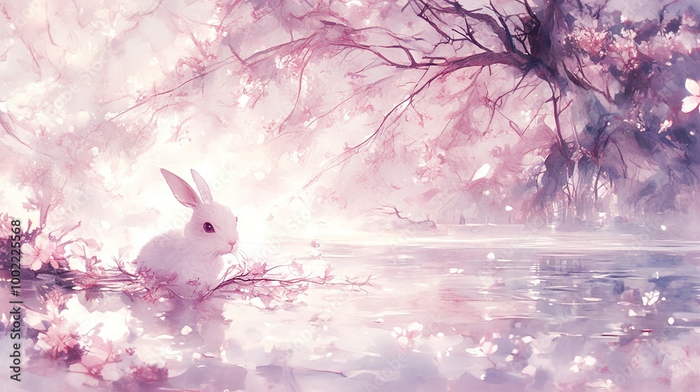 Obraz premium A white rabbit sits on a tree branch overlooking water with surrounding trees