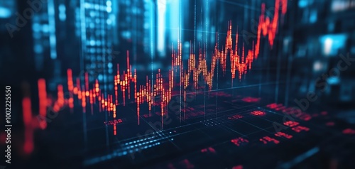 A digital financial chart displaying rising trends in vibrant red and blue tones, representing market fluctuations and analytics.