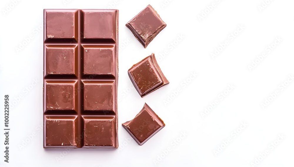 Unbroken chocolate bar, symmetrical squares, clean and smooth texture, photorealistic, isolated on white background Unbroken chocolate bar, symmetrical squares, clean and smooth texture, photorealistic, isolated on white background