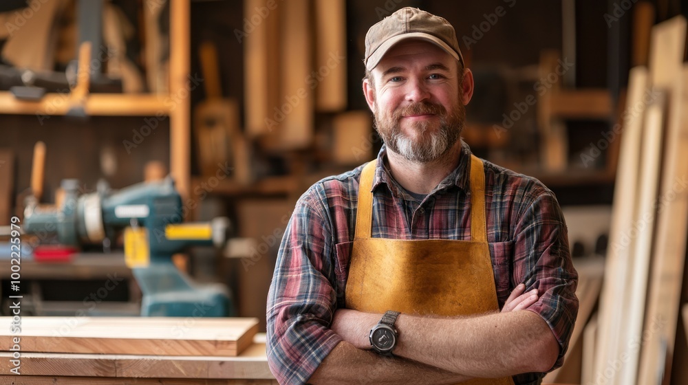 A male woodworker proudly presenting a completed project, highlighting skill and craftsmanship. A male woodworker proudly presenting a completed project, highlighting skill and craftsmanship.