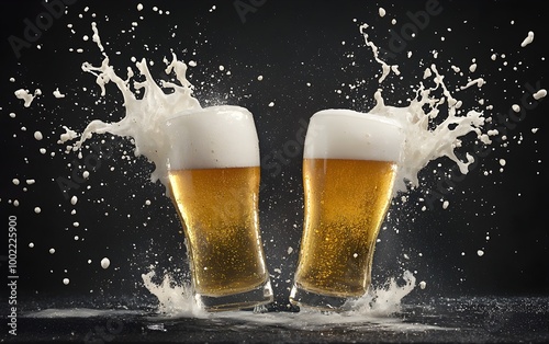 Two beer pints clashing, foam splattering in mid-air, cinematic lighting, moody dark background, energetic and celebratory vibe, perfect for beer festivals or advertisements