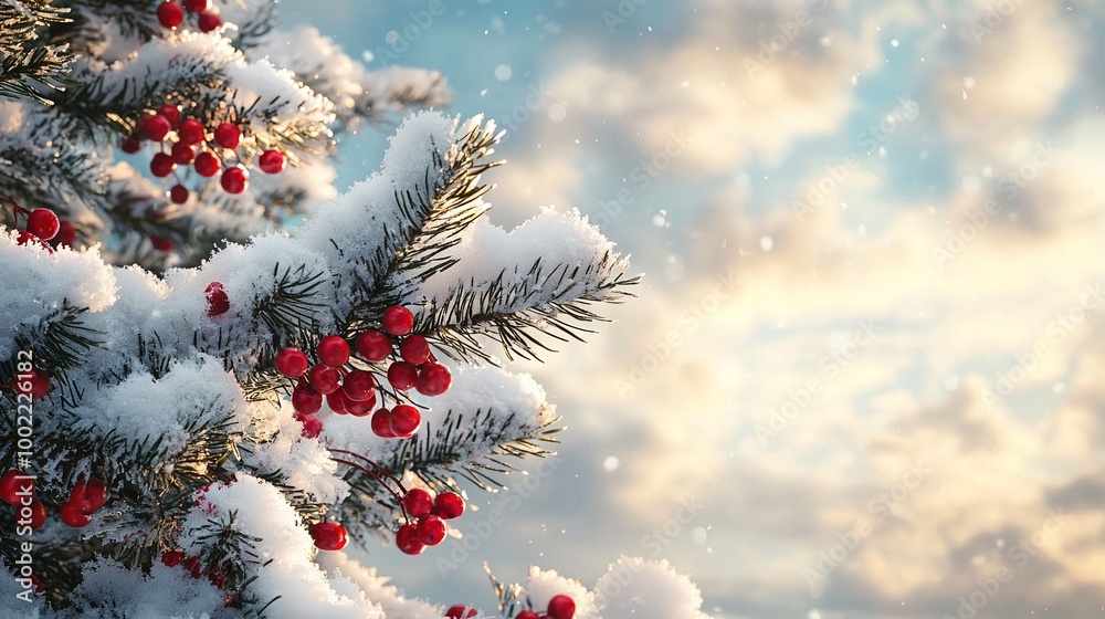A photo of a close-up pine tree with red berries on its branches, surrounded by snow, against a backdrop of a cloudy sky A photo of a close-up pine tree with red berries on its branches, surrounded by snow, against a backdrop of a cloudy sky