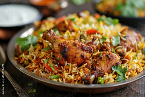 A plate of flavorful biryani rice with marinated chicken, garnished with fresh cilantro and served with raita. Copy space