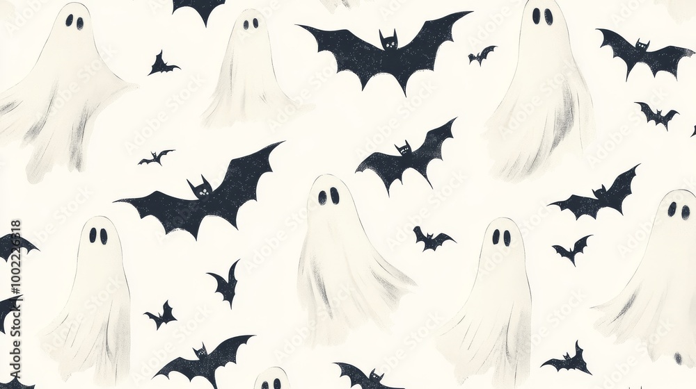 Fototapeta premium 2408 101.A seamless Halloween pattern featuring vintage-style ghosts and flying bats, set against a clean white background. The pattern has an old-fashioned, eerie vibe, with the silhouettes of