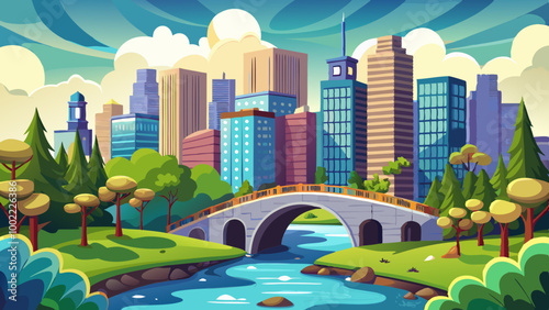 A cityscape with a stone bridge over a river, surrounded by tall buildings, trees, and a cloudy sky
